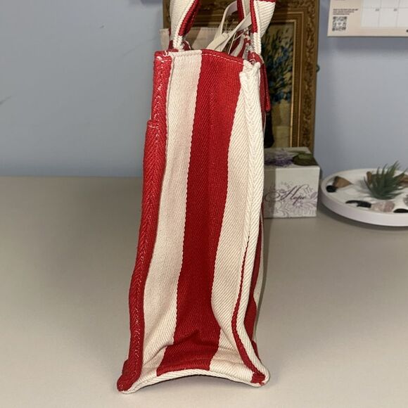 RAE DUNN Large Rare Retro Red Ivory Stripe Woven Canvas Bonjour Shopper Tote - Picture 5 of 15